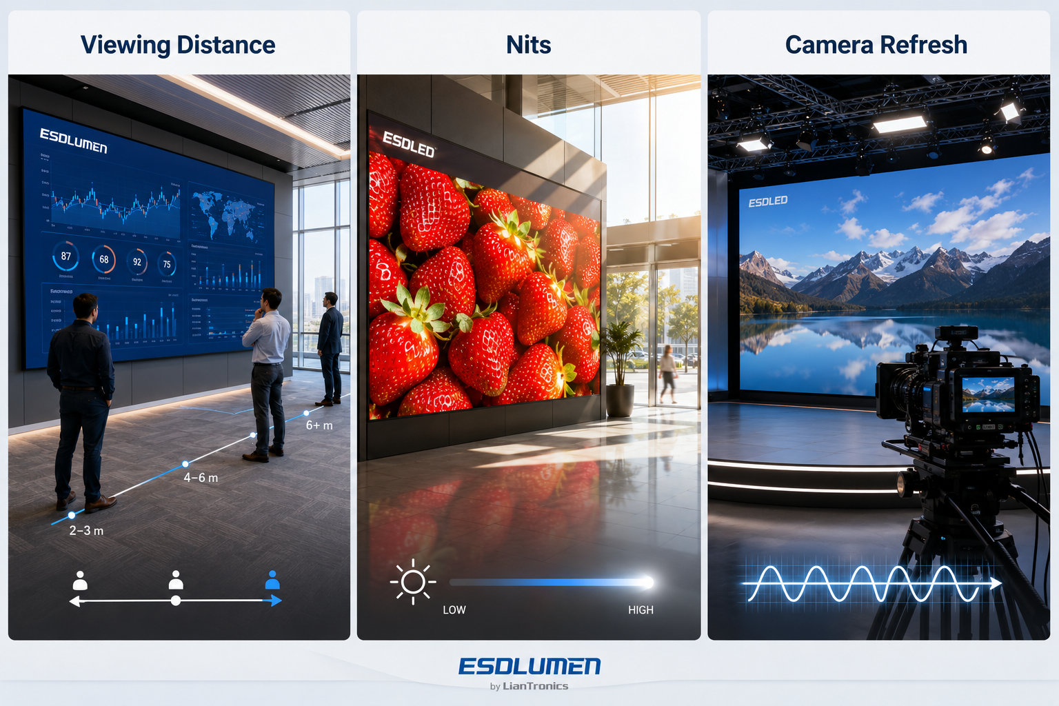 Infographic explaining pixel pitch, brightness, and refresh rate for choosing a video wall