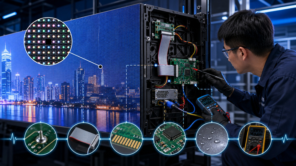 LED screen dead pixel repair workflow showing solder joint, ribbon cable, connector, IC, moisture, and power checks