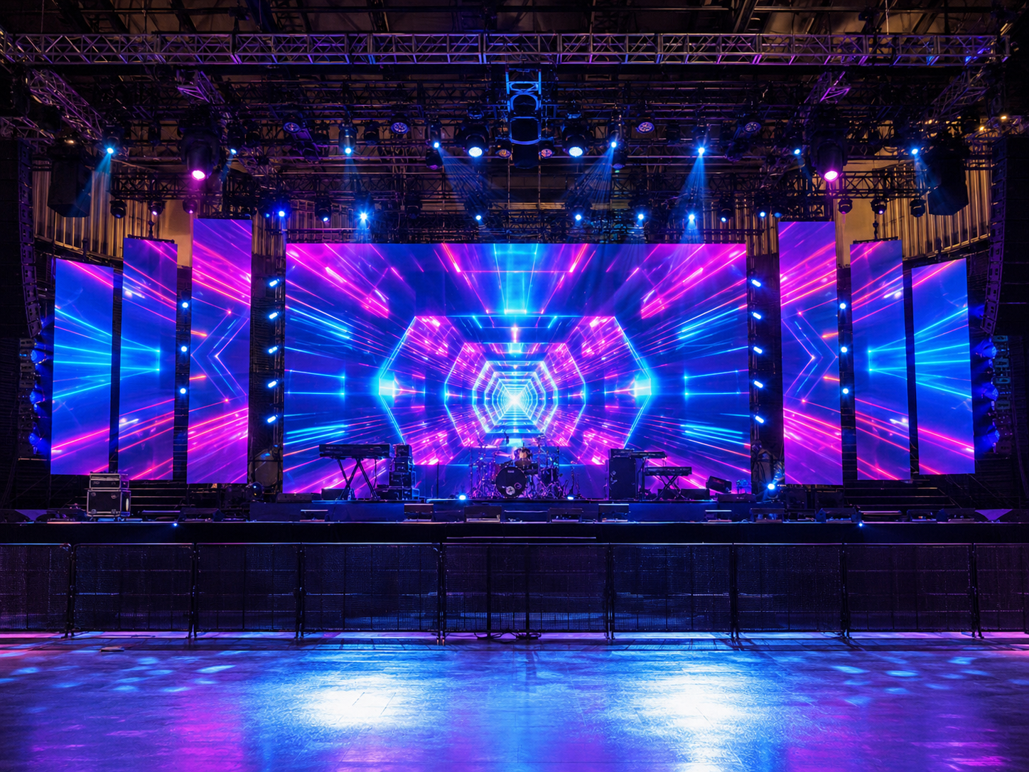 Rental LED display wall built from modular LED panels for a live event stage